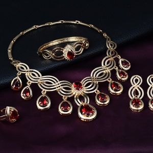 Red Gem Statement Necklace Set Earrings Ring Boutique